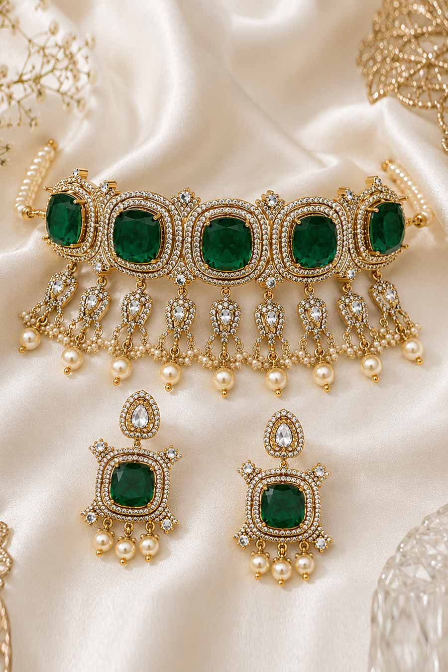 Emerald Green Moissanite Pearl Choker & Earrings Set