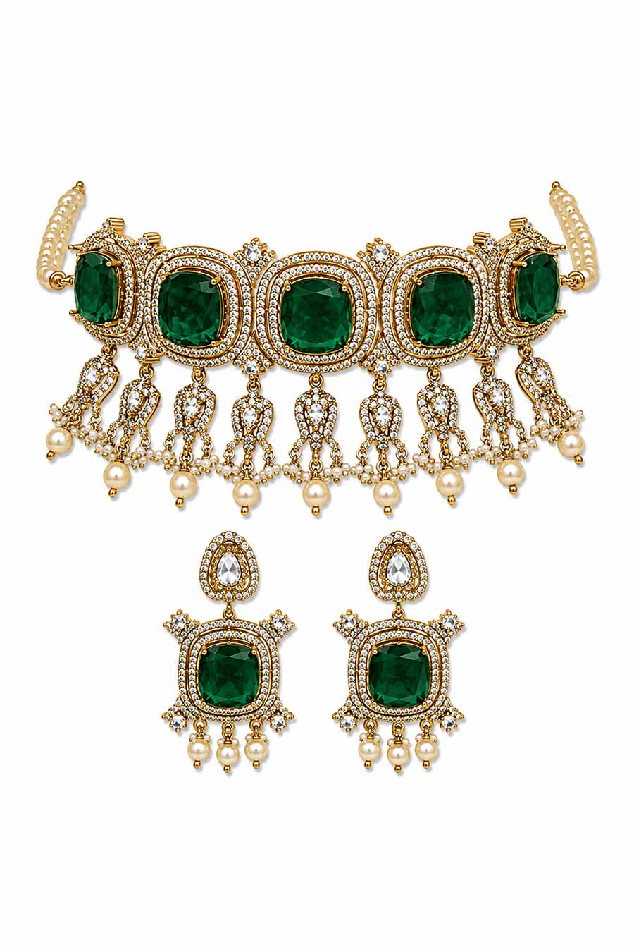 Emerald Green Moissanite Pearl Choker & Earrings Set