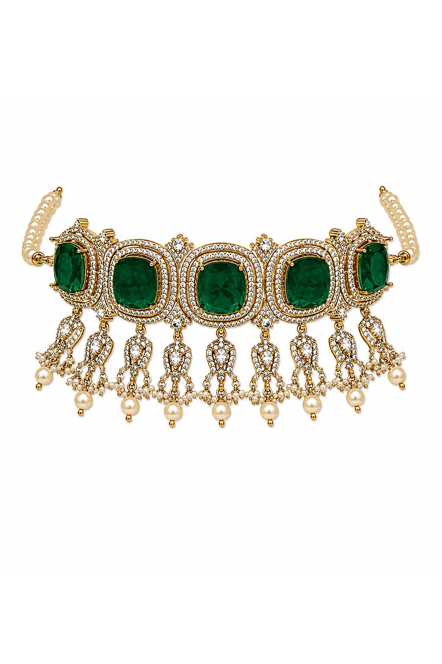 Emerald Green Moissanite Pearl Choker & Earrings Set