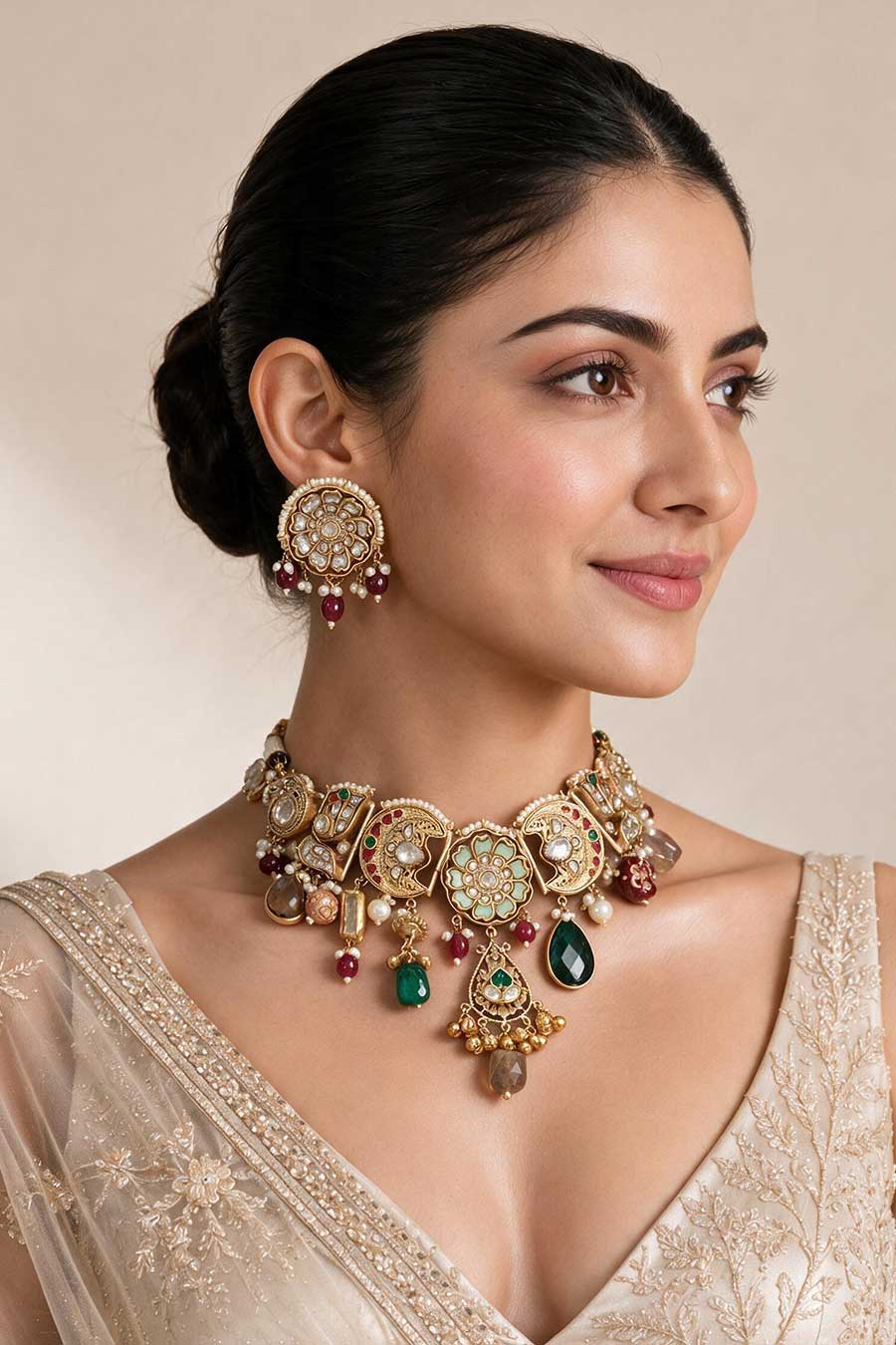 Multicolour Polki Charm Necklace & Earrings Set