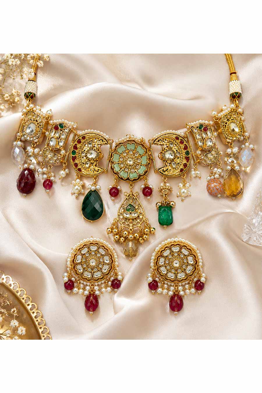 Multicolour Polki Charm Necklace & Earrings Set