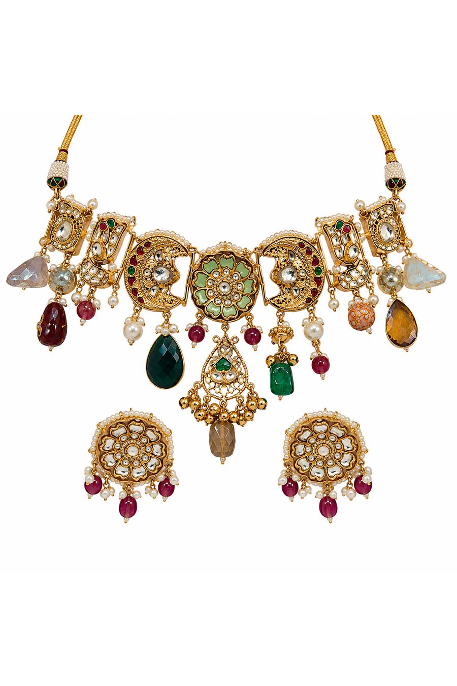 Multicolour Polki Charm Necklace & Earrings Set