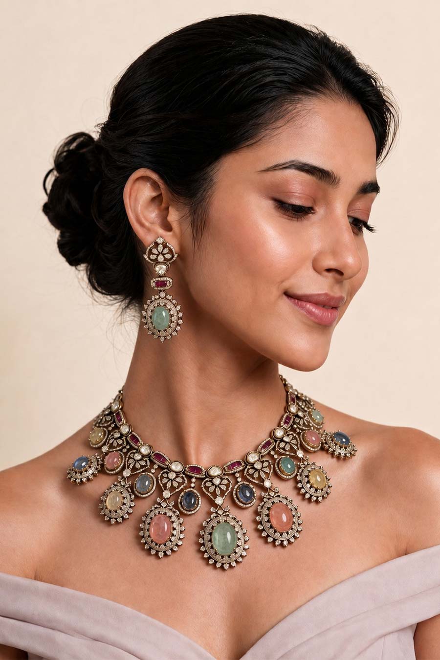 Multicolour Semi-Precious Necklace & Earrings Set