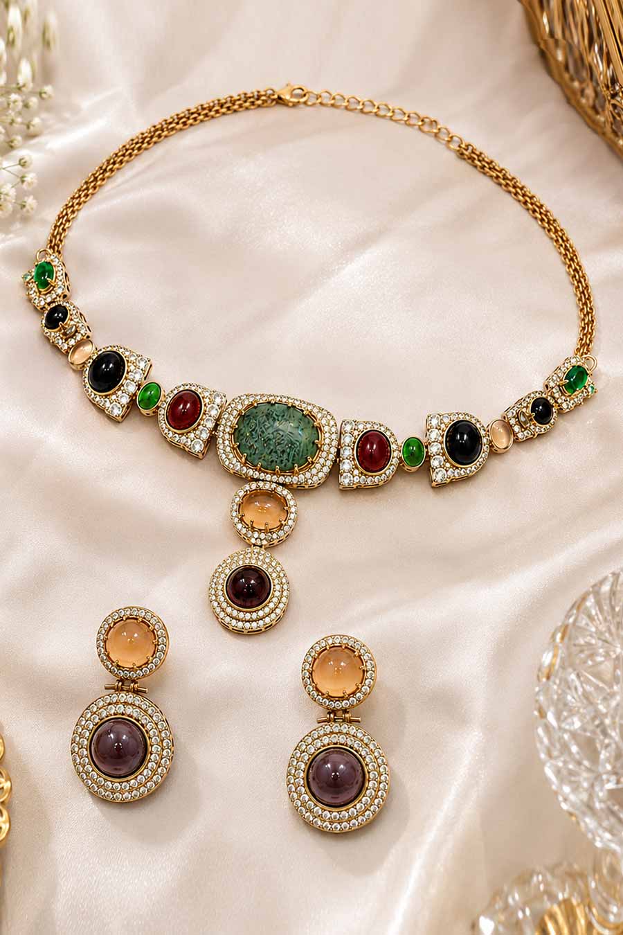 Multicolour Semi-Precious Necklace & Earrings Set