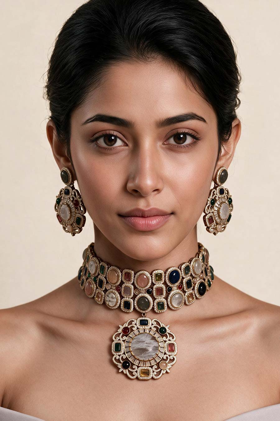 Multicolour Semi-Precious Choker & Earrings Set
