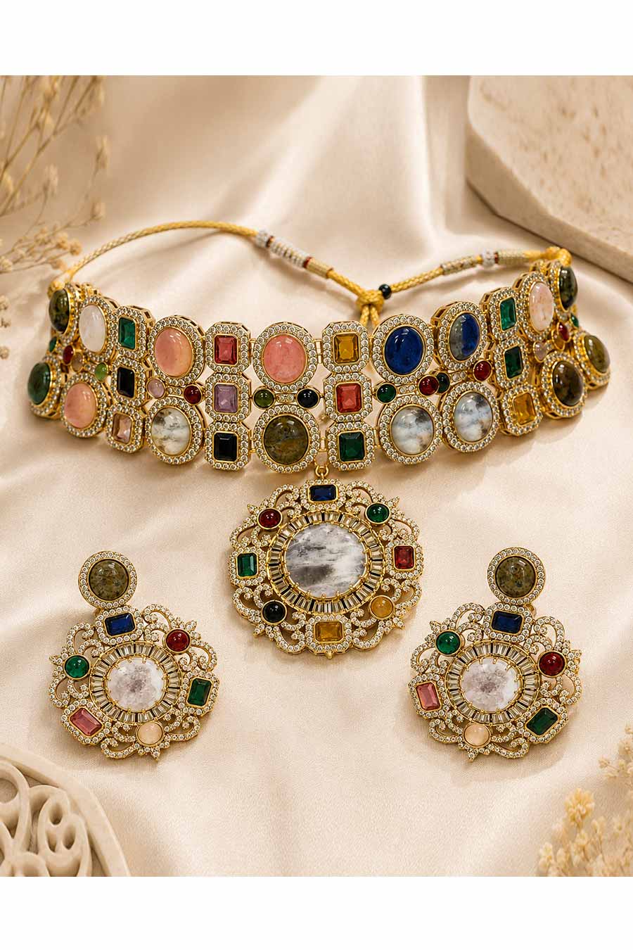 Multicolour Semi-Precious Choker & Earrings Set