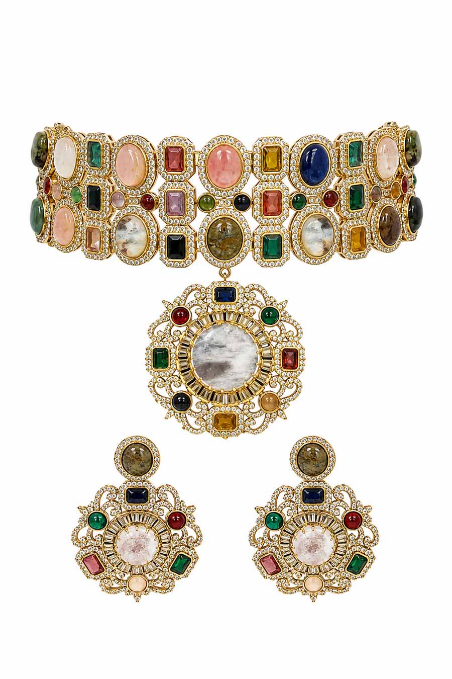 Multicolour Semi-Precious Choker & Earrings Set