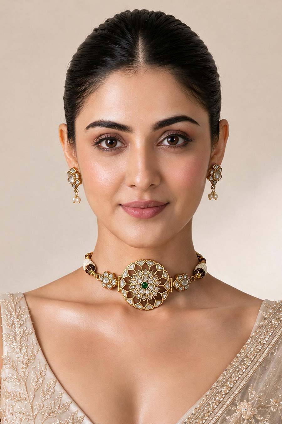 Jadau Kundan Choker & Earrings Set With Pearl