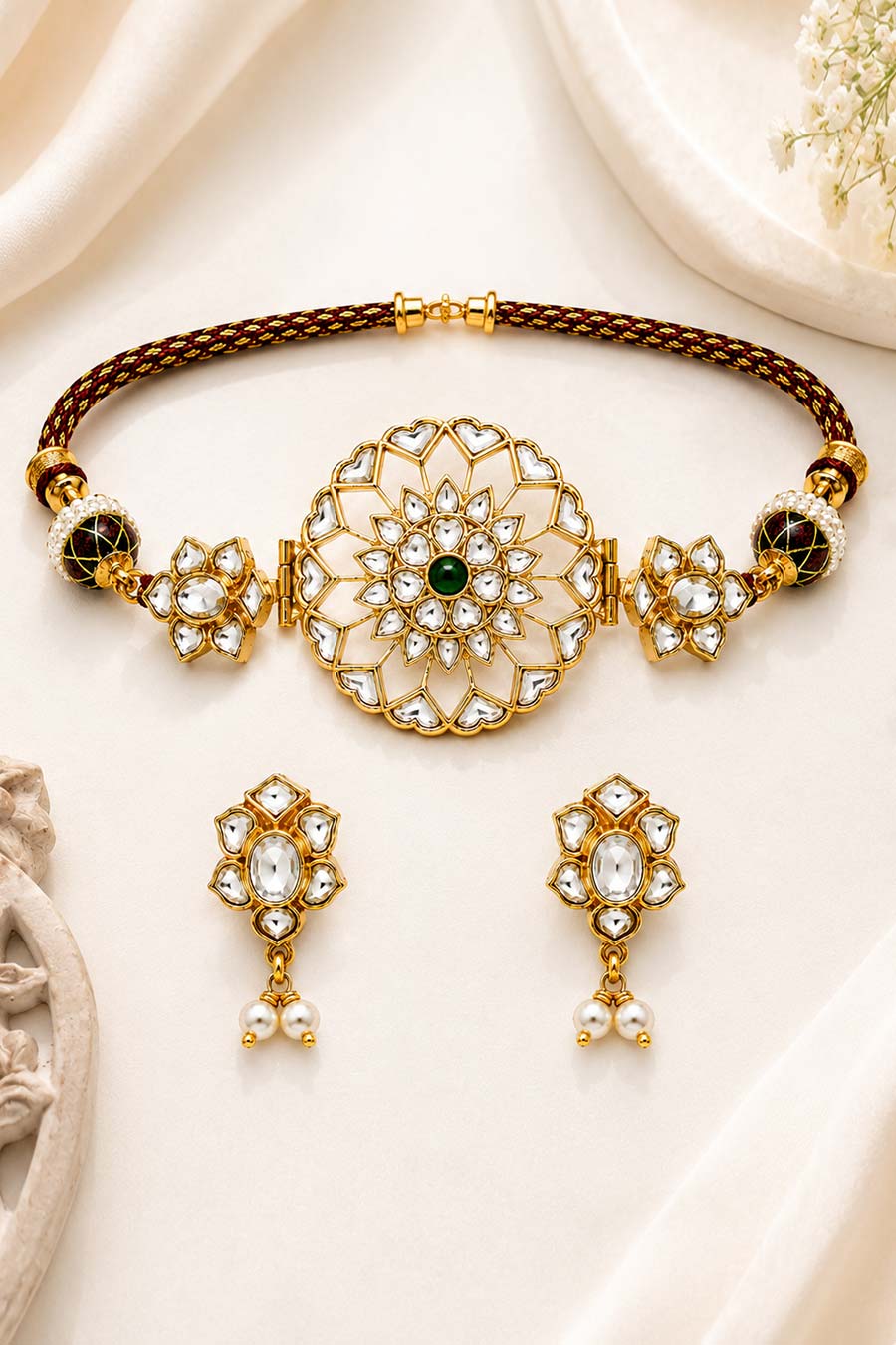 Jadau Kundan Choker & Earrings Set With Pearl