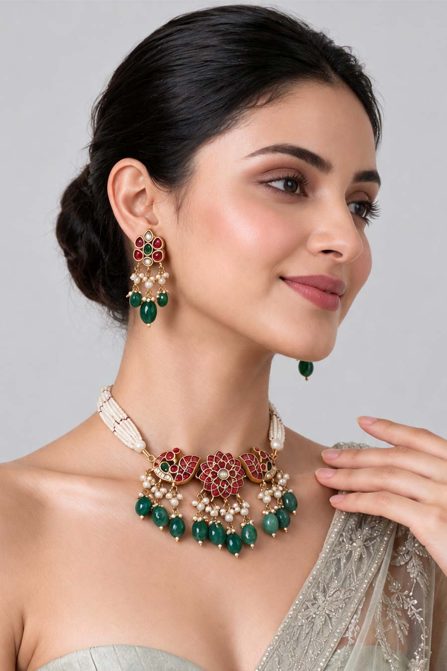 Pearl Beaded Peacock Necklace & Earrings Set