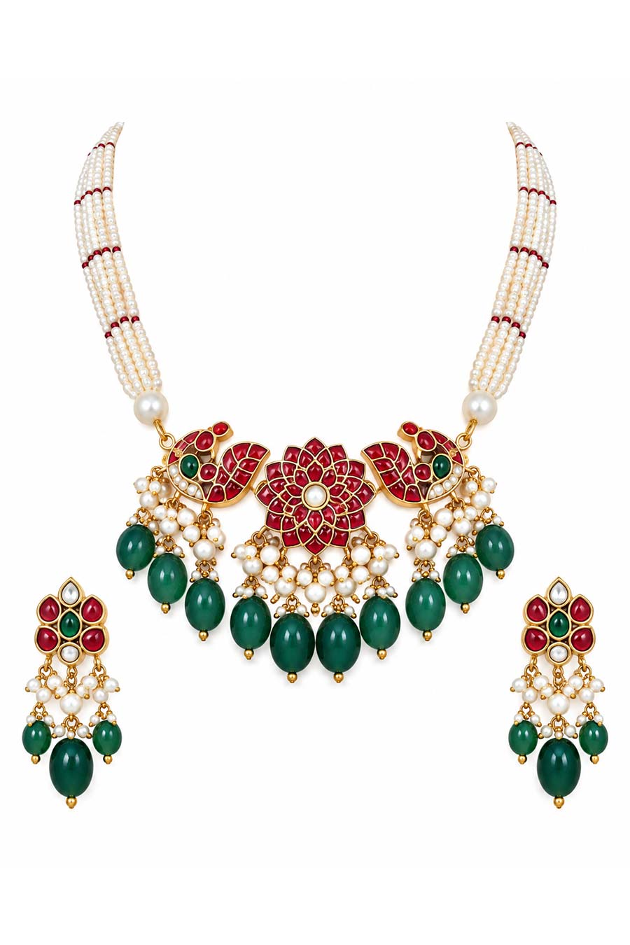 Pearl Beaded Peacock Necklace & Earrings Set