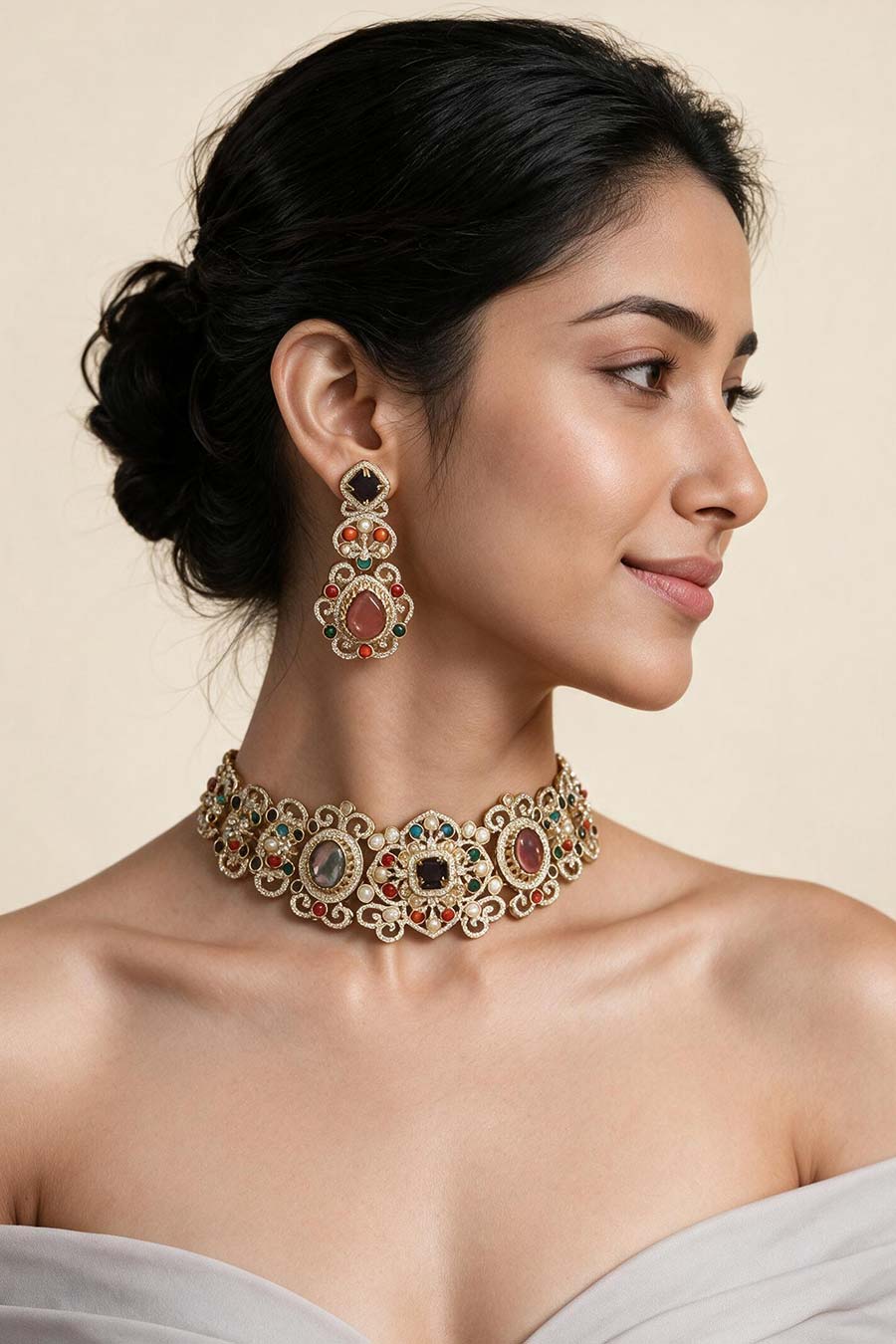 Multicolour Semi-Precious Stone Choker & Earrings Set