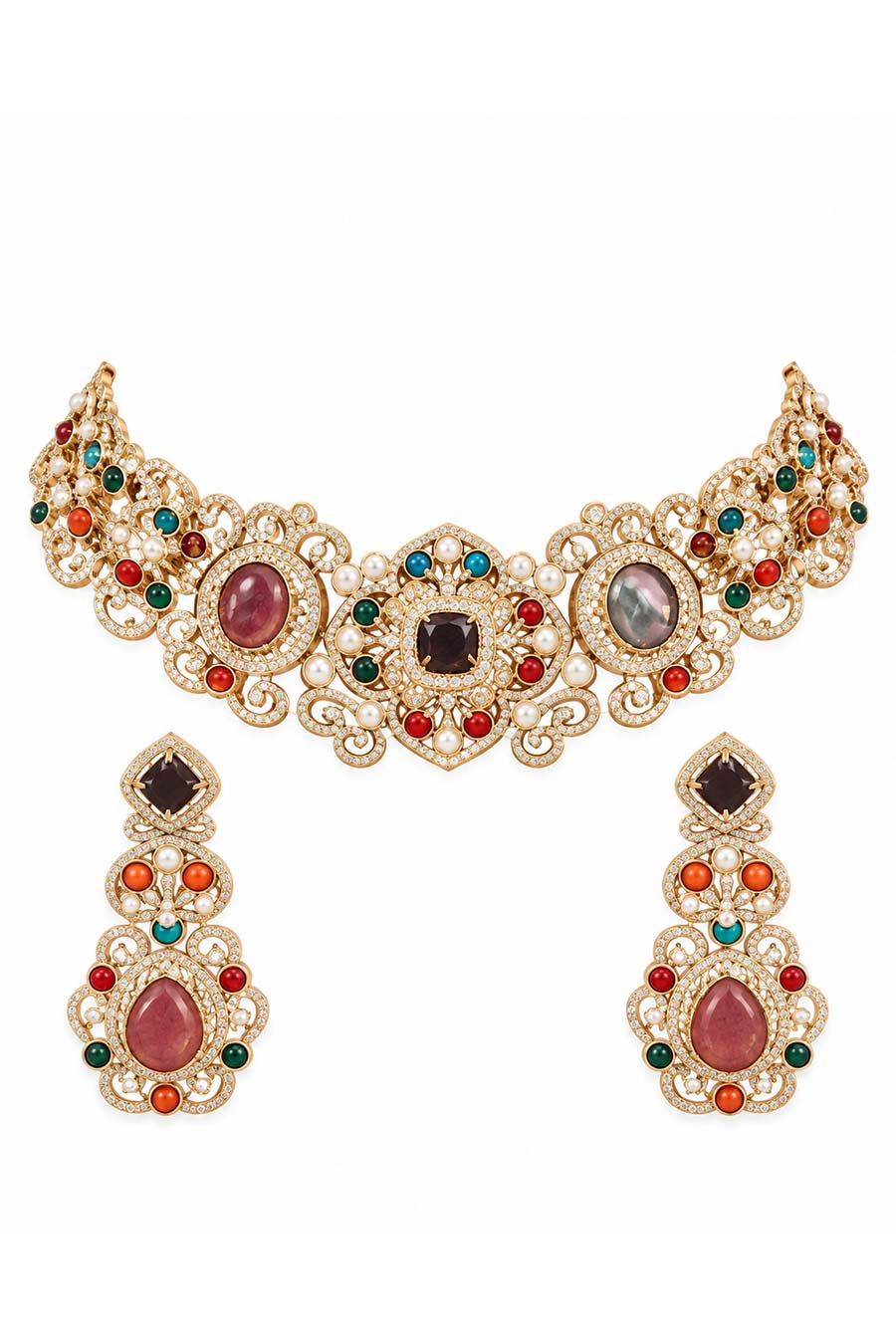 Multicolour Semi-Precious Stone Choker & Earrings Set