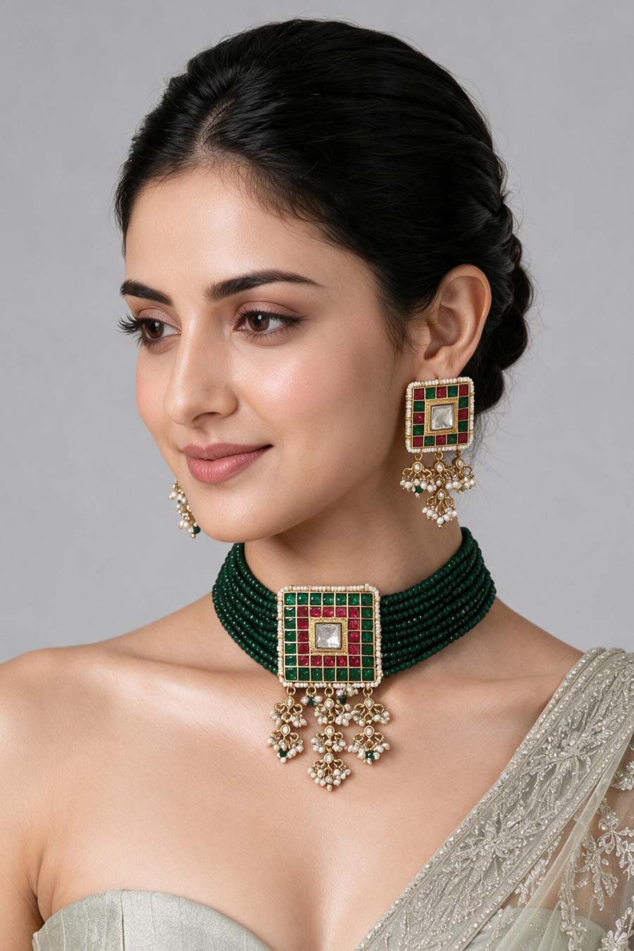 Emerald Green Beaded Choker Necklace & Earrings Set