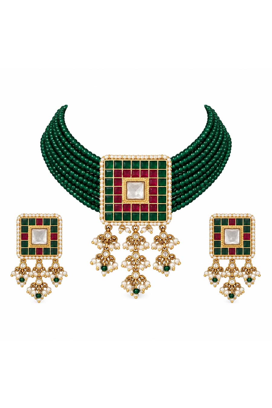 Emerald Green Beaded Choker Necklace & Earrings Set