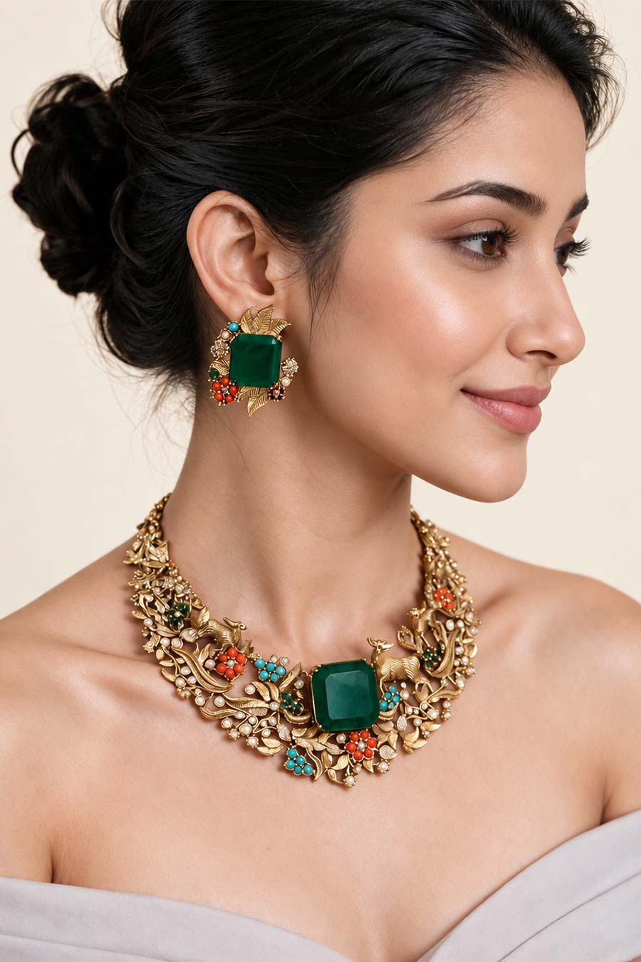 Multicolour Stone Nature Motif Necklace & Earrings Set