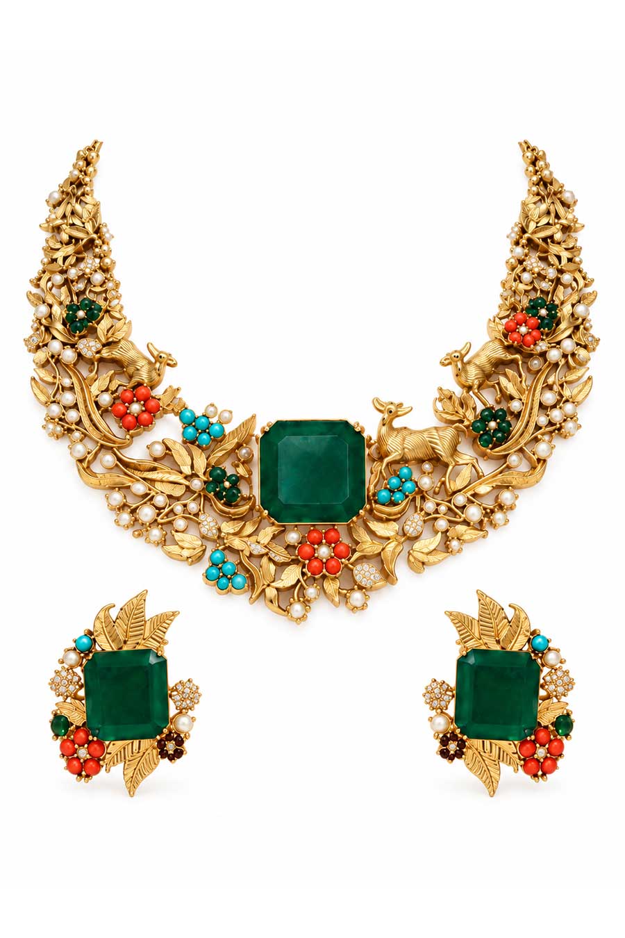 Multicolour Stone Nature Motif Necklace & Earrings Set