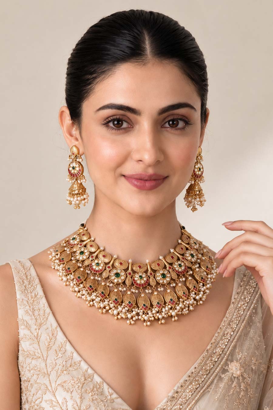 Antique Gold Kundan Necklace & Earrings Set