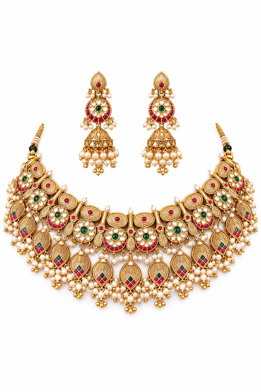 Antique Gold Kundan Necklace & Earrings Set