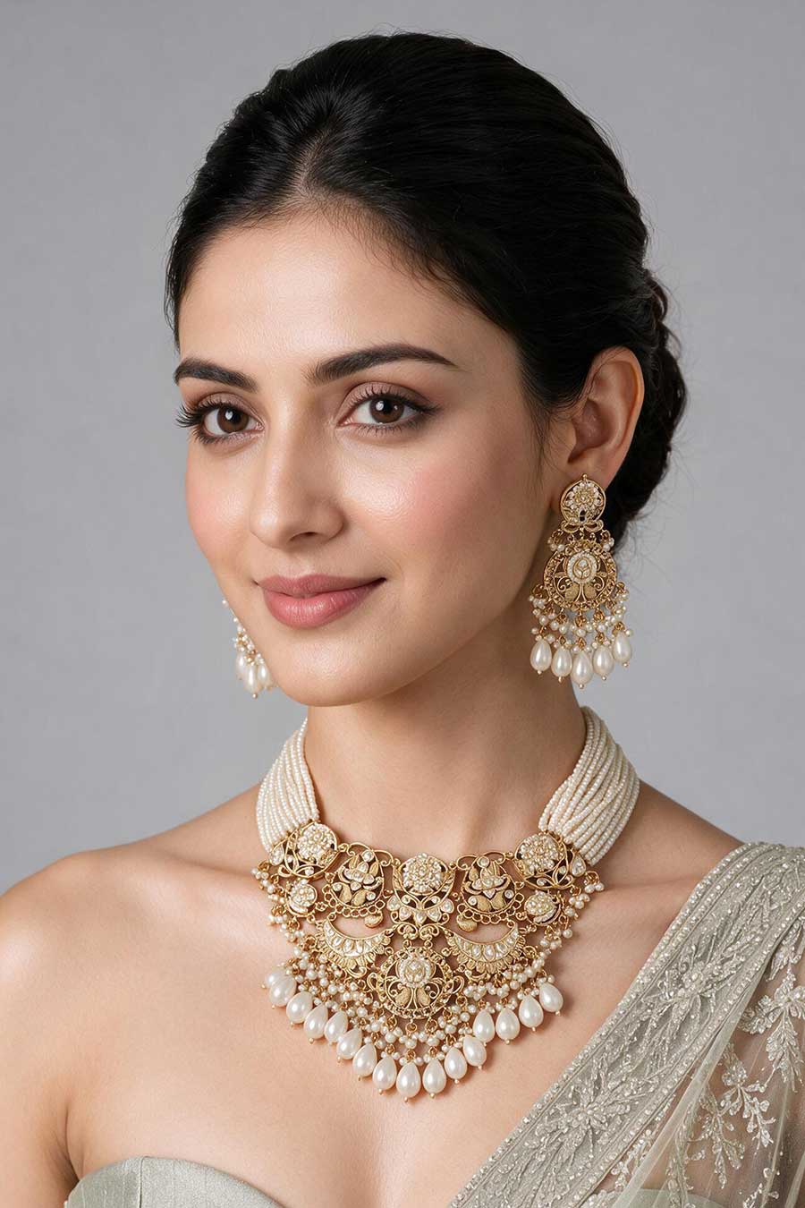Pearl Kundan Layered Necklace & Earrings Set