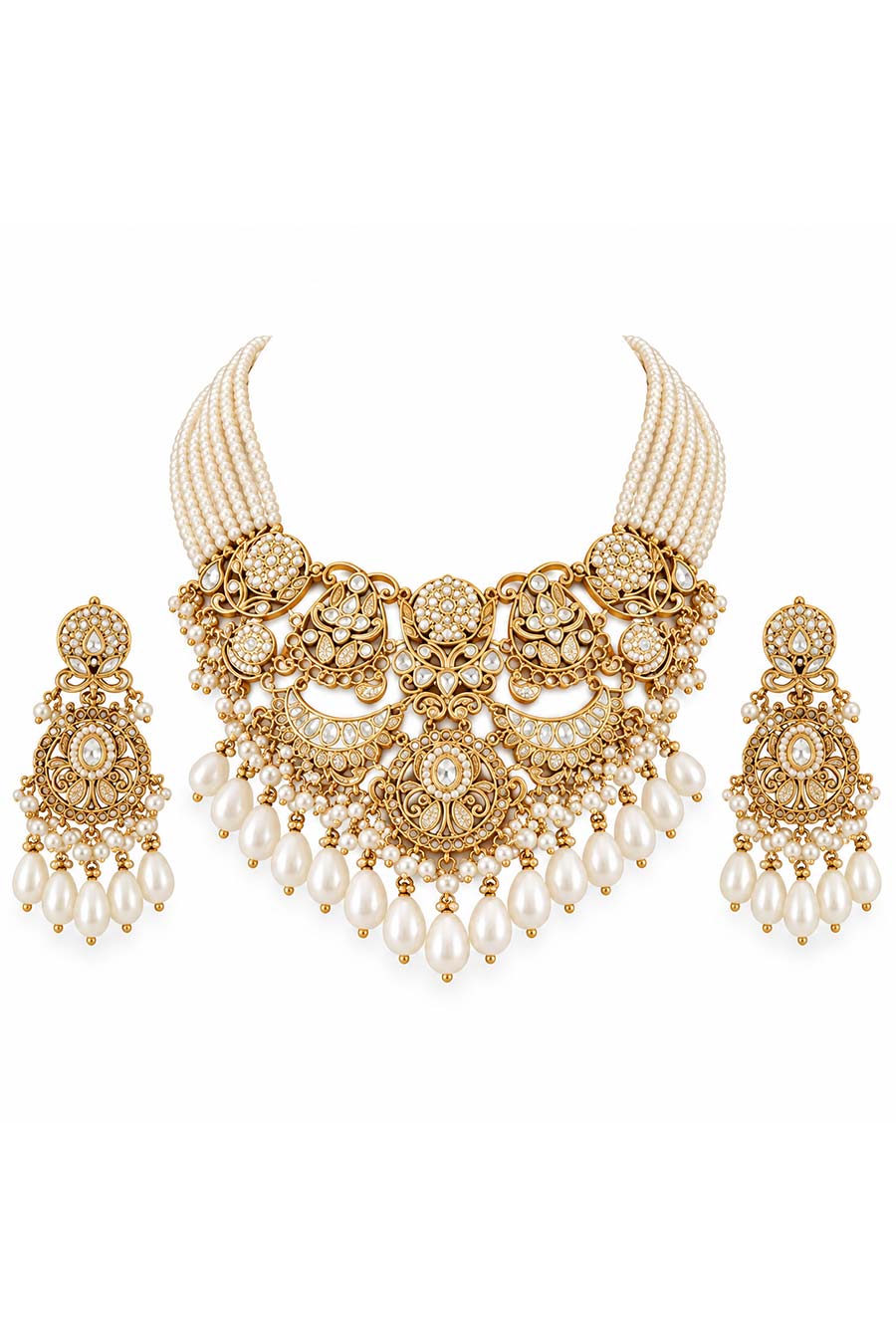 Pearl Kundan Layered Necklace & Earrings Set