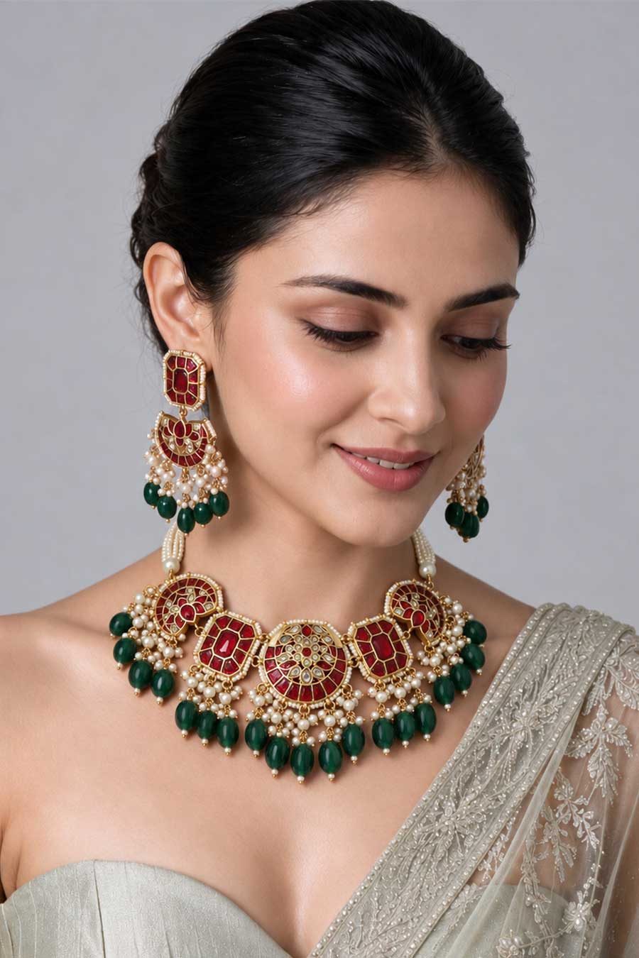 Multicolour Kundan Bead Necklace & Earrings Set