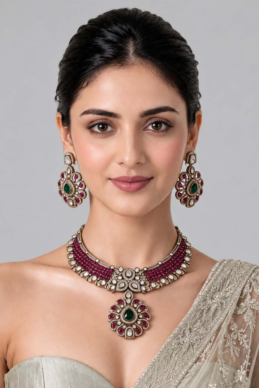 Ruby Moissanite Necklace & Earrings Set