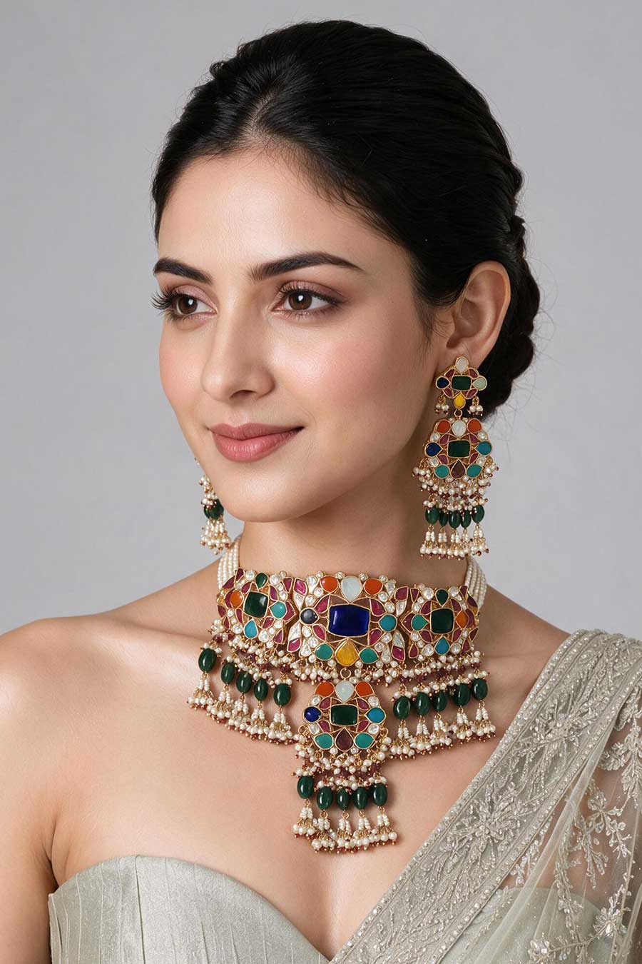 Multicolour Kundan Pearl Choker Necklace & Earrings Set