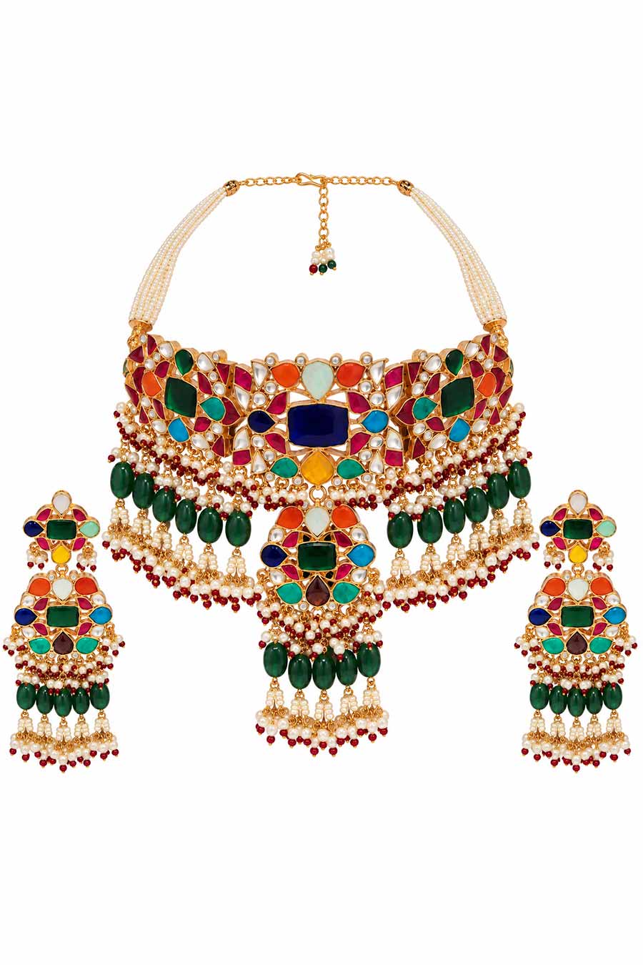 Multicolour Kundan Pearl Choker Necklace & Earrings Set