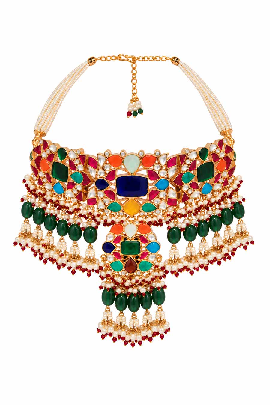 Multicolour Kundan Pearl Choker Necklace & Earrings Set