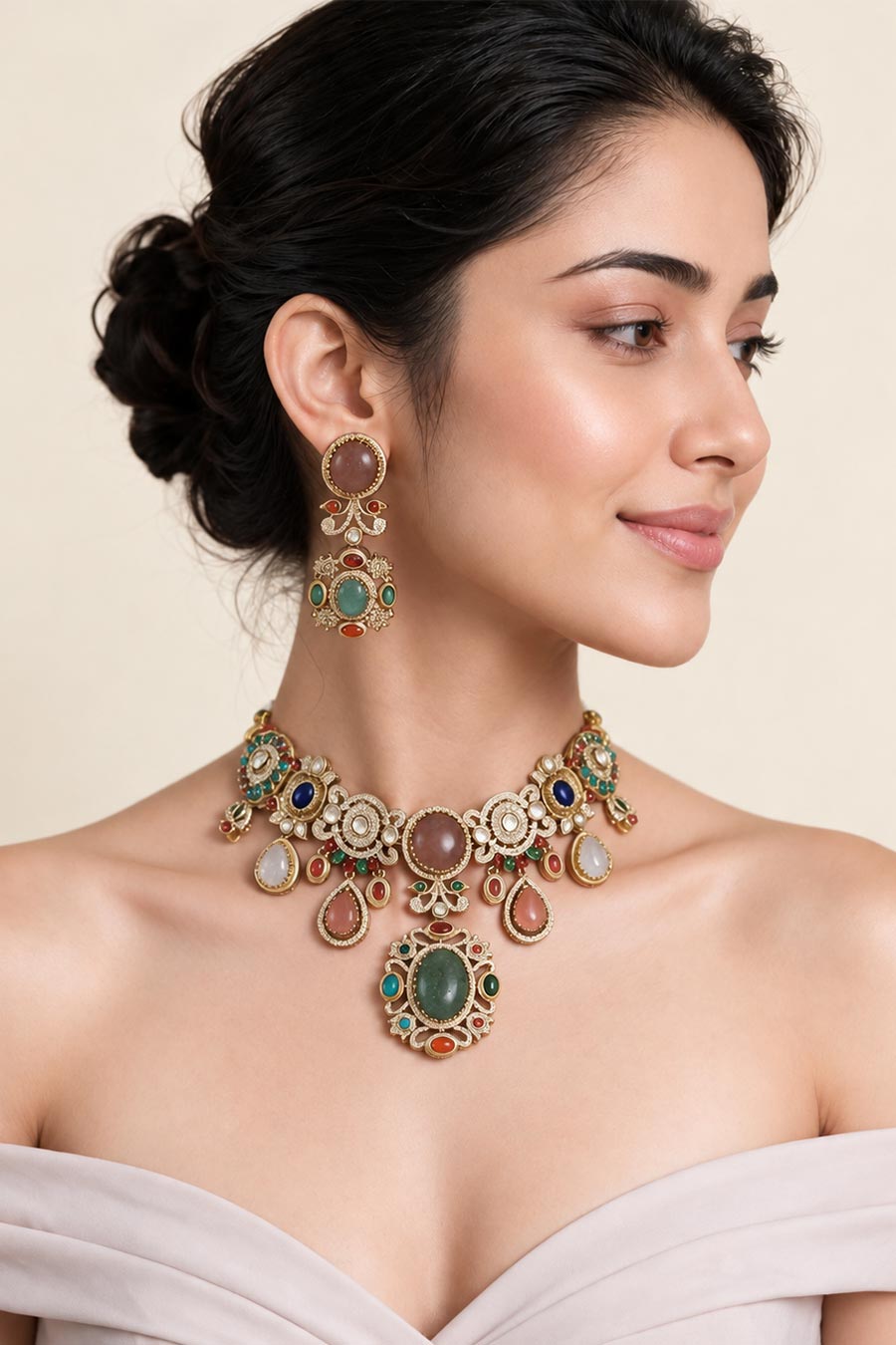 Multicolour Semi-Precious Stone Necklace & Earrings Set