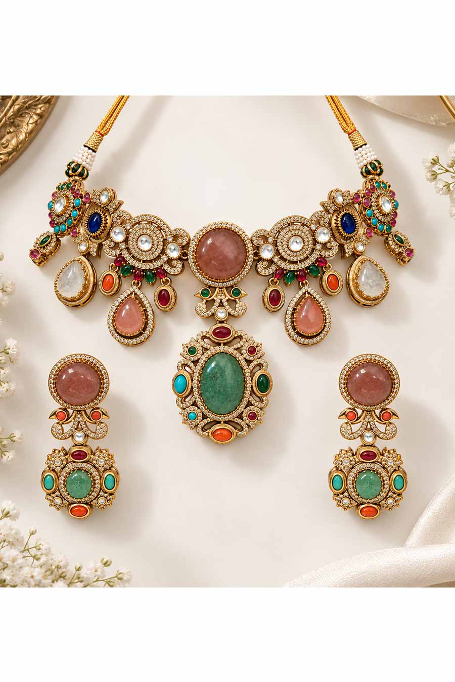 Multicolour Semi-Precious Stone Necklace & Earrings Set
