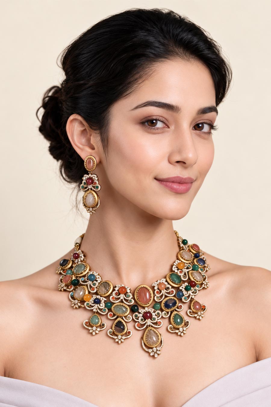 Multicolour Semi-Precious Stone Necklace & Earrings Set