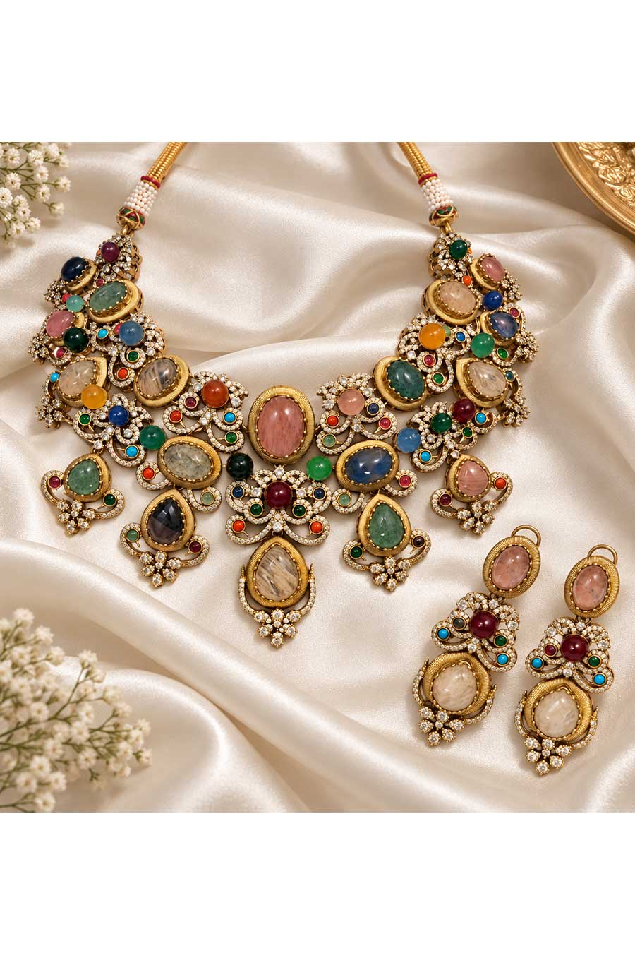 Multicolour Semi-Precious Stone Necklace & Earrings Set