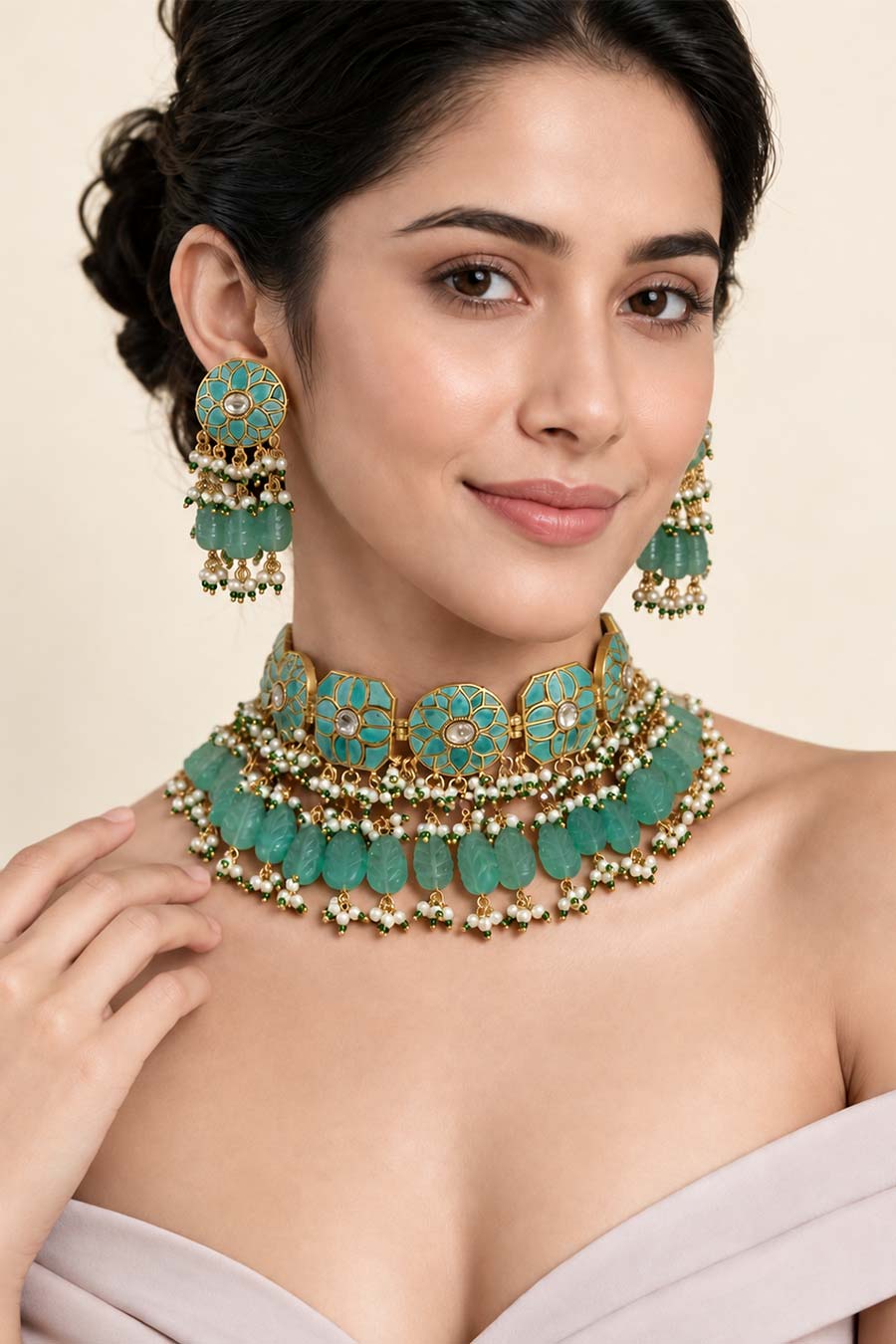 Turquoise Floral Beaded Necklace & Earrings Set
