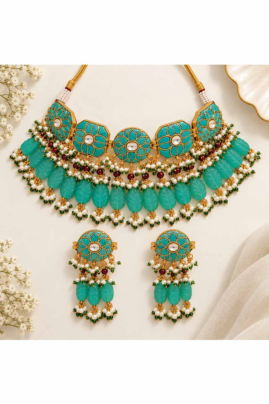 Turquoise Floral Beaded Necklace & Earrings Set