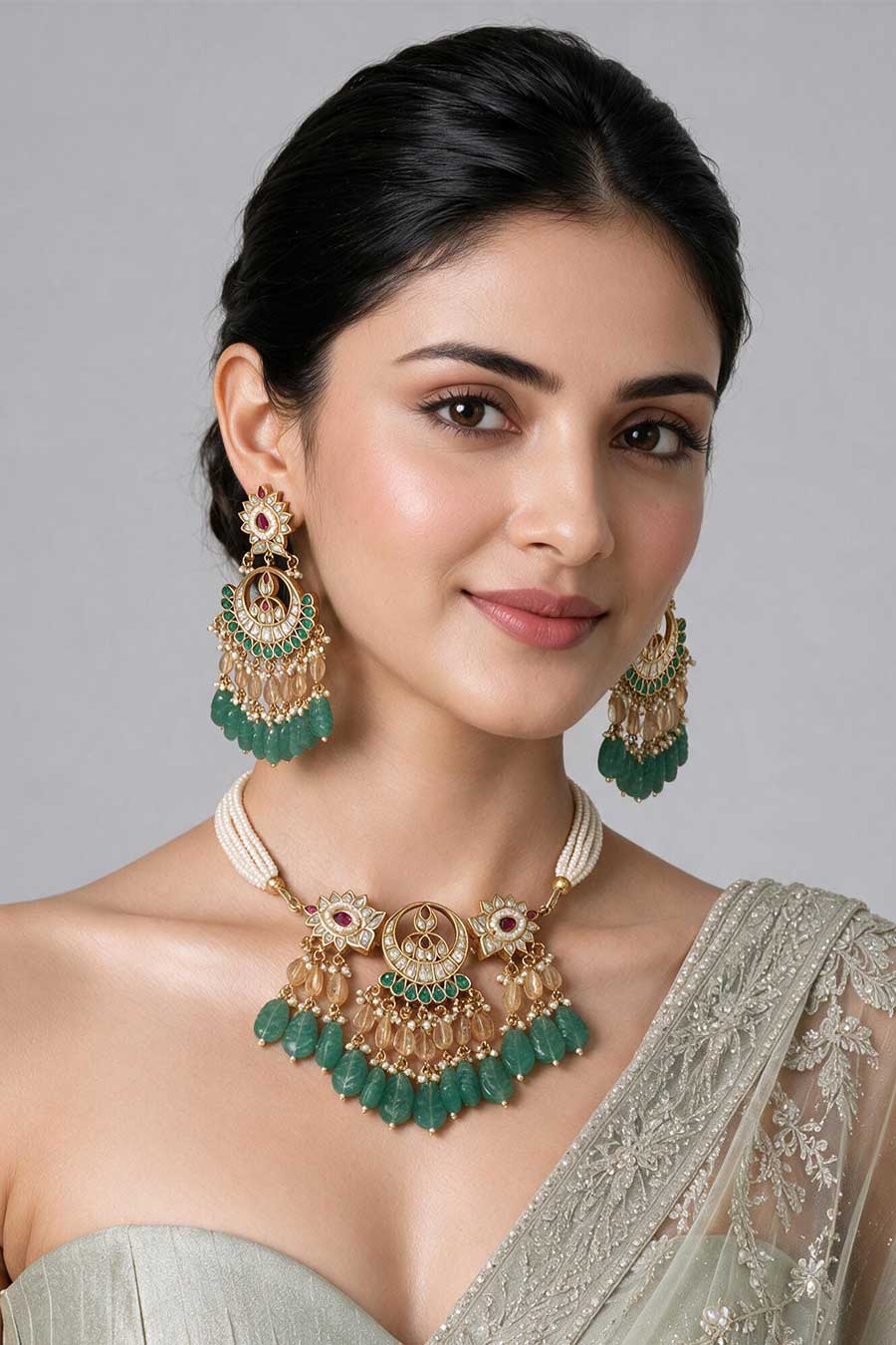 Emerald Carved Beaded Kundan Necklace & Earrings Set