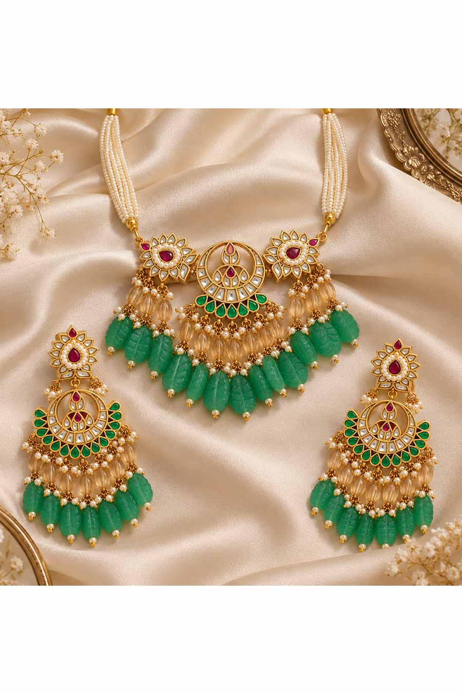 Emerald Carved Beaded Kundan Necklace & Earrings Set
