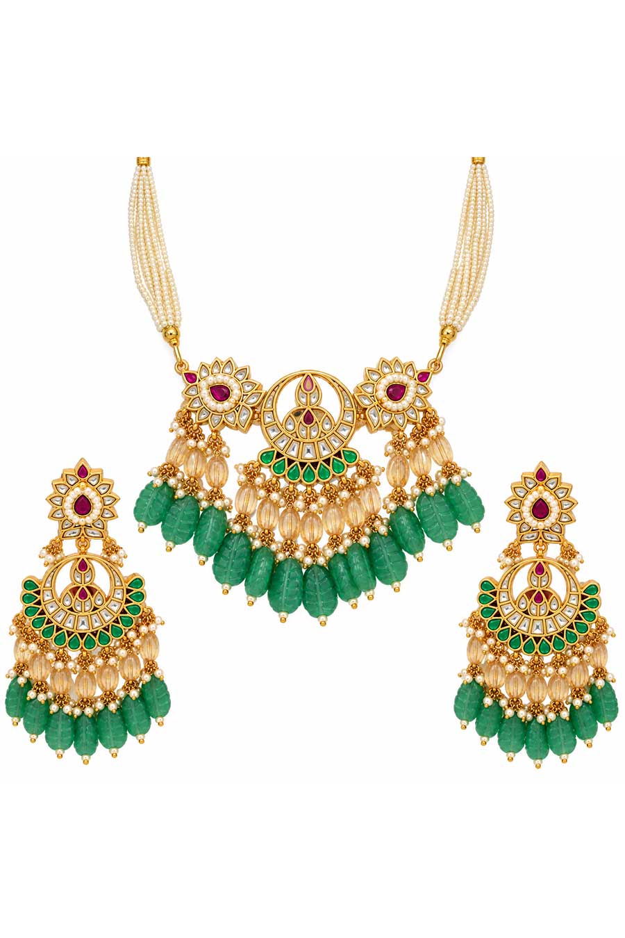 Emerald Carved Beaded Kundan Necklace & Earrings Set