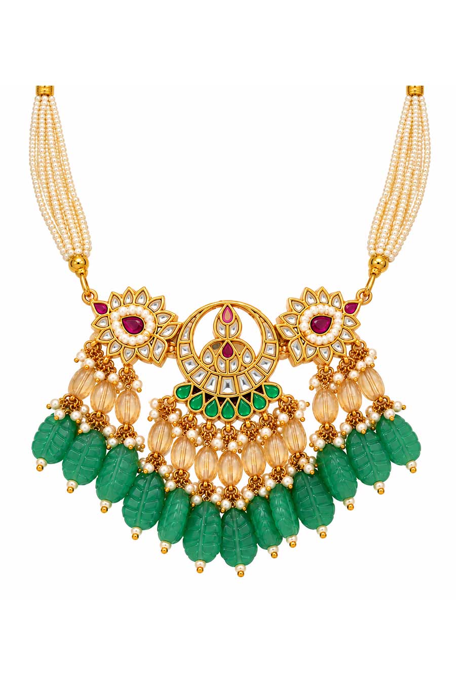 Emerald Carved Beaded Kundan Necklace & Earrings Set