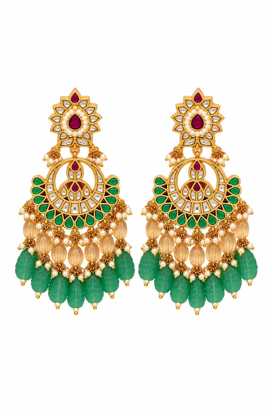 Emerald Carved Beaded Kundan Necklace & Earrings Set
