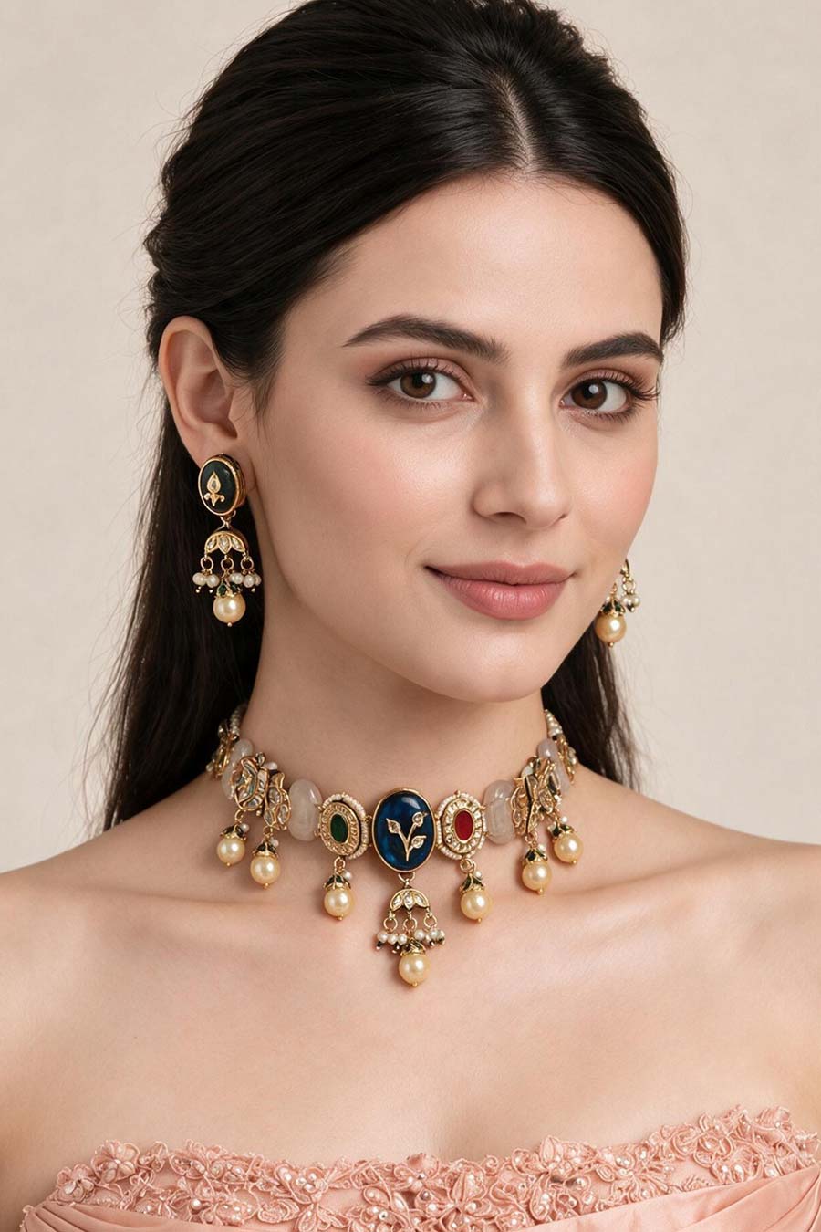 Navratna Kundan Pearl Choker Necklace & Earrings Set