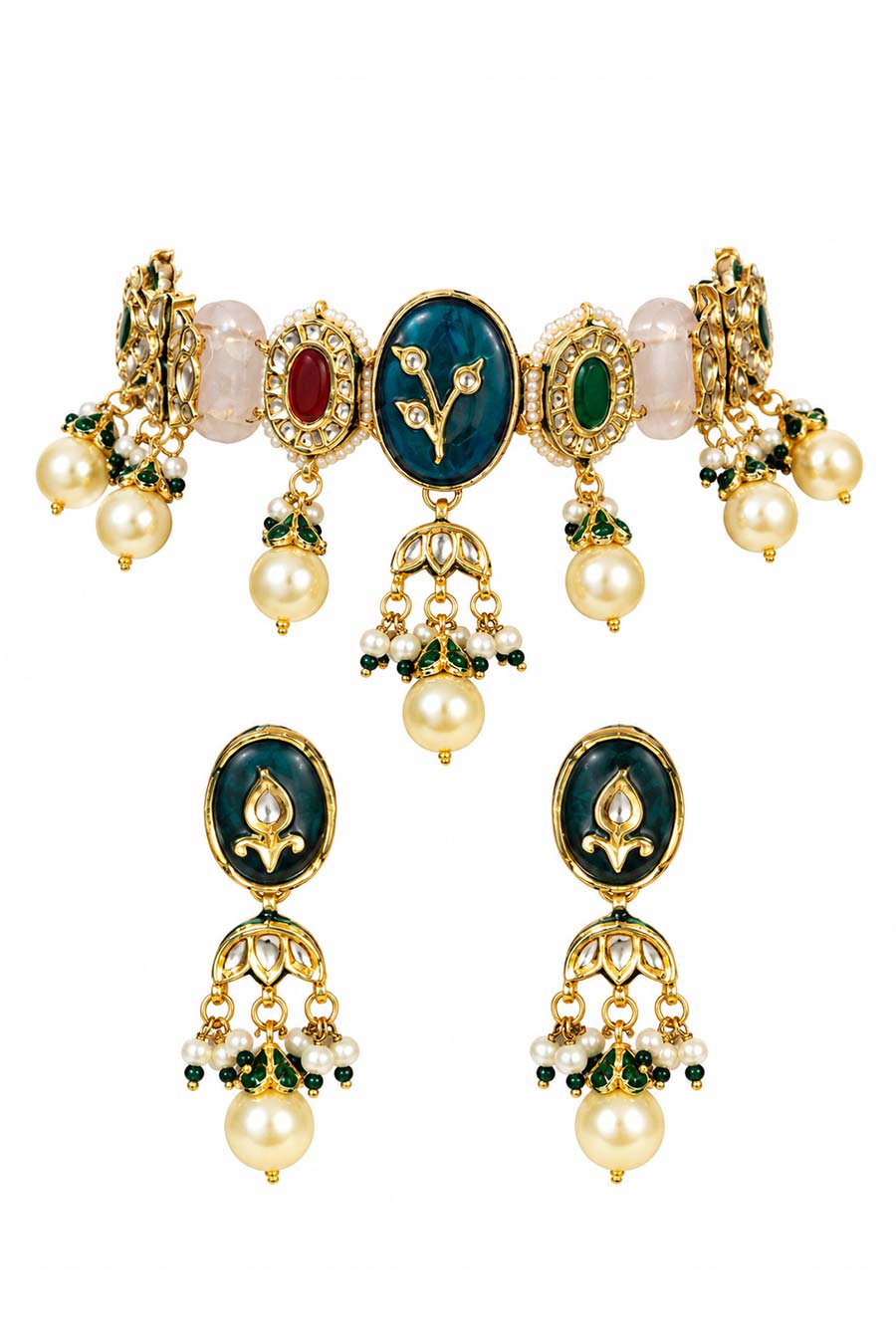 Navratna Kundan Pearl Choker Necklace & Earrings Set