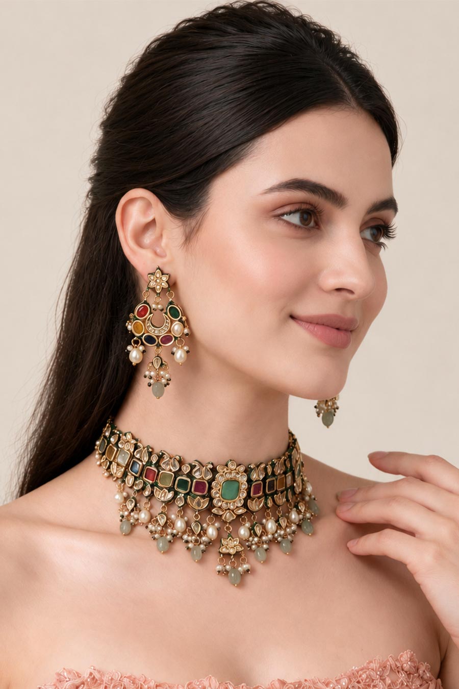 Navratna Kundan Pearl Choker Necklace & Earrings Set