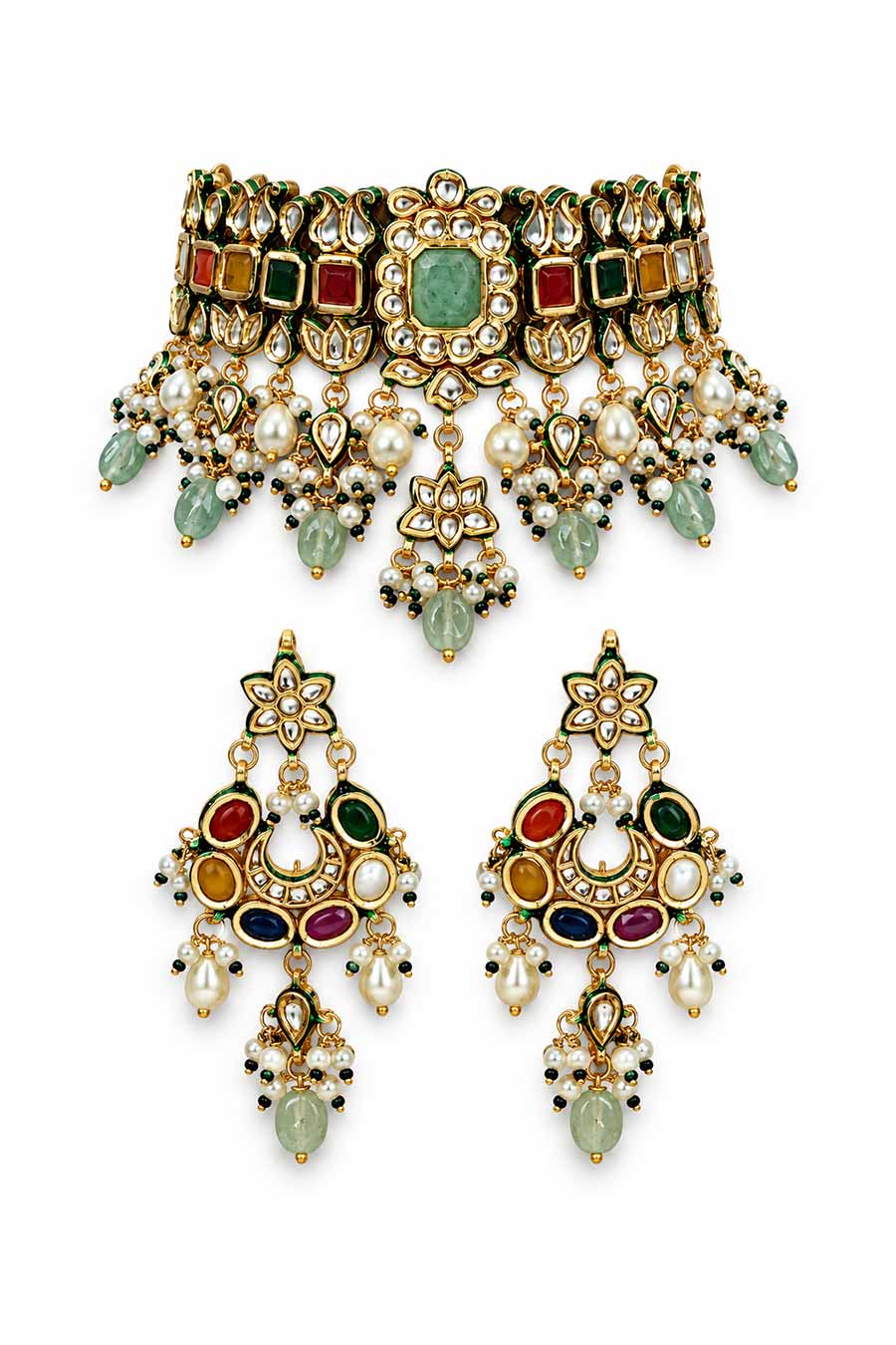 Navratna Kundan Pearl Choker Necklace & Earrings Set
