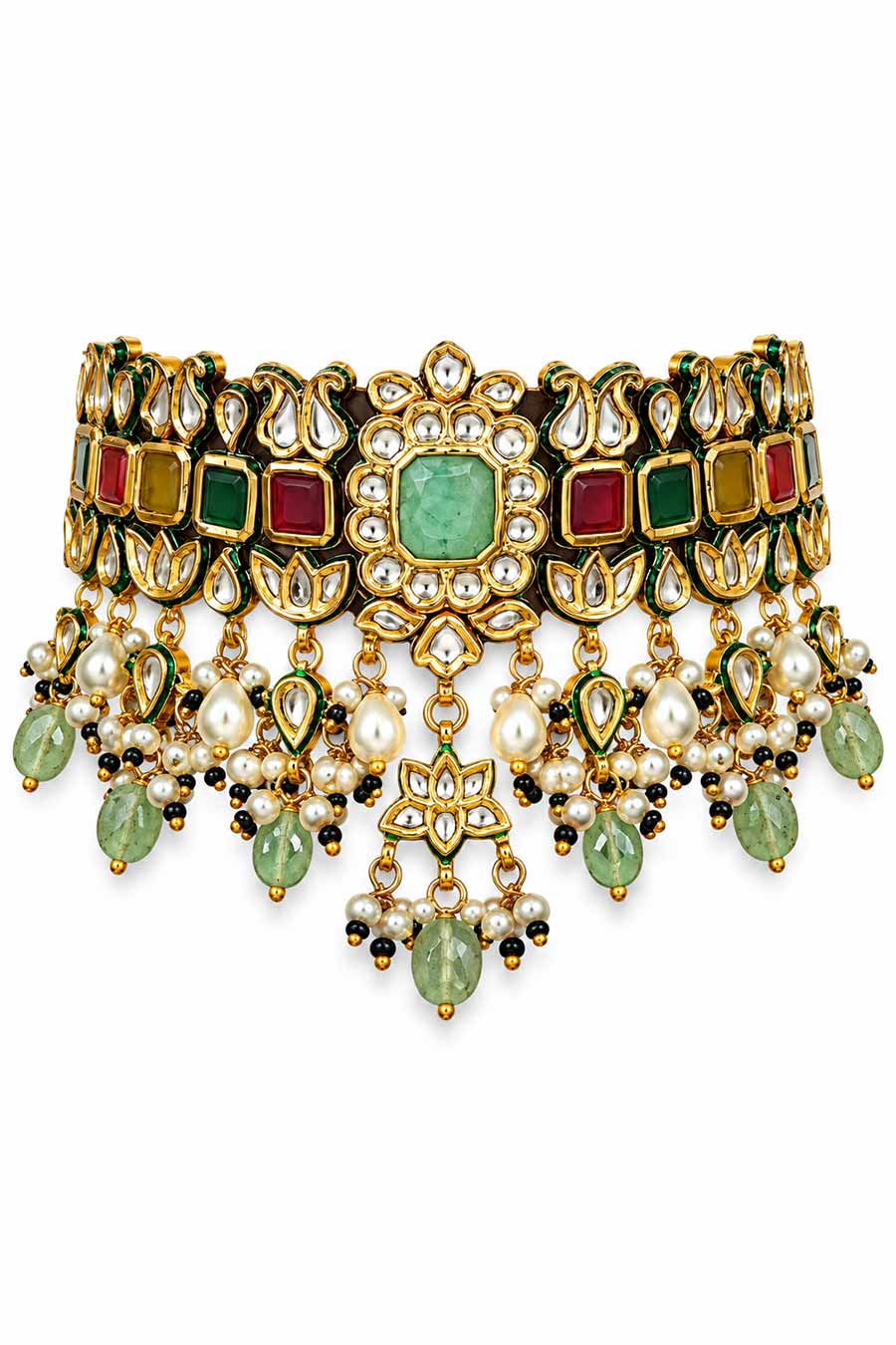 Navratna Kundan Pearl Choker Necklace & Earrings Set
