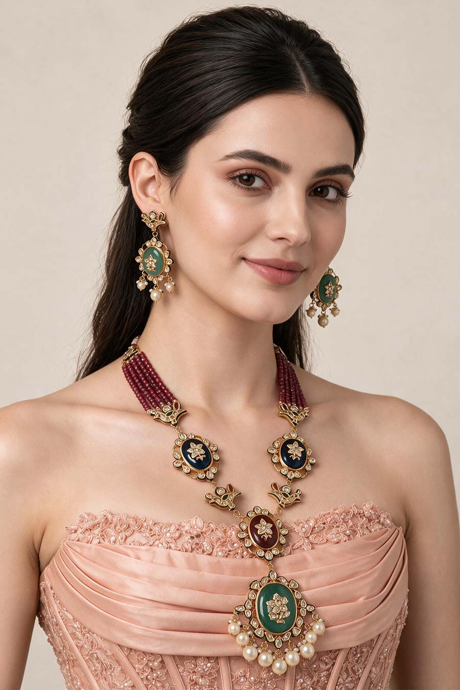 Kundan Ruby Beaded Long Necklace & Earrings Set