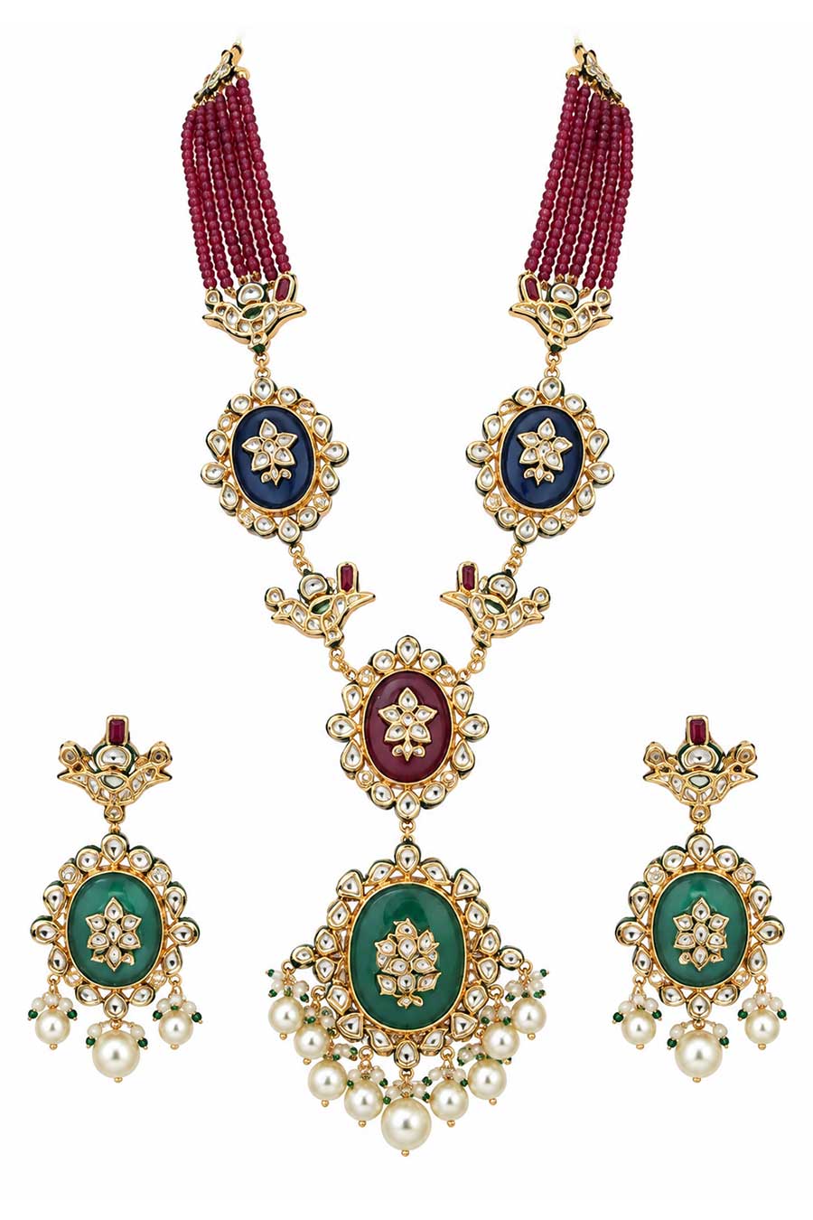 Kundan Ruby Beaded Long Necklace & Earrings Set
