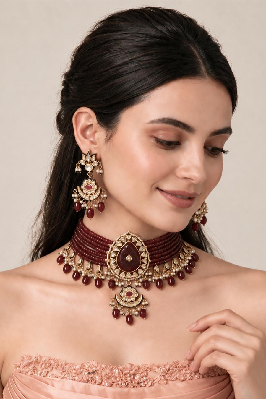 Ruby Kundan Beaded Choker Necklace & Earrings Set