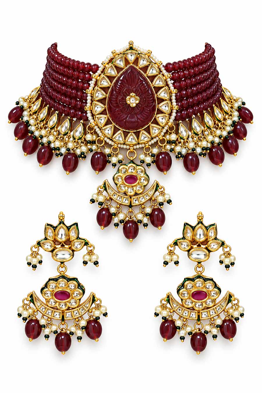 Ruby Kundan Beaded Choker Necklace & Earrings Set